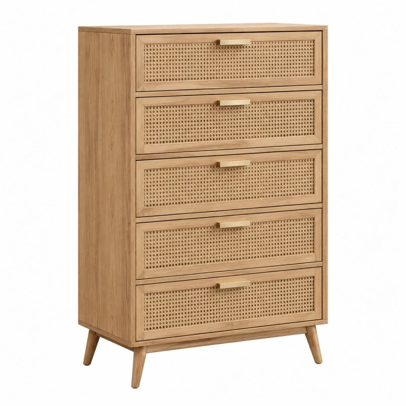 Kommode 80 x 40 x 120 cm aus Holz und Rattan in Natur - mit 5 Schubladen