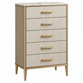 Kommode 80 x 40 x 120 cm aus Holzwerkstoff in Creme und Gold mit fünf Schubladen geriffelter Front - Quorlia