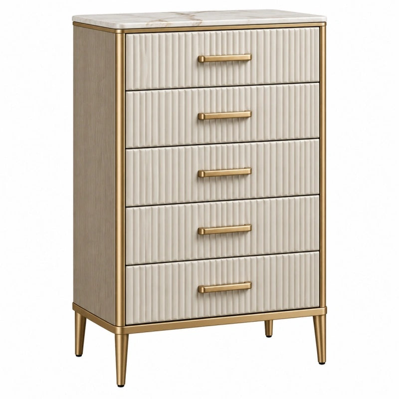 Kommode 80 x 40 x 120 cm aus Holzwerkstoff in Creme und Gold mit fünf Schubladen geriffelter Front