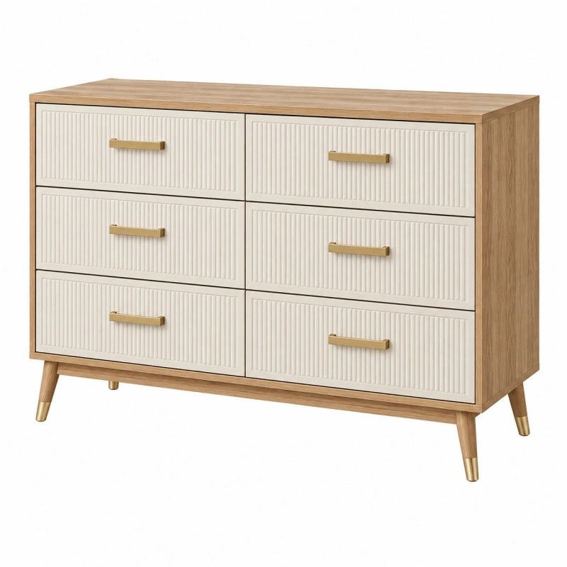 Kommode 120 x 40 x 80 cm in Naturweiß aus Holzwerkstoff mit 6 Schubladen im Mid-Century-Stil