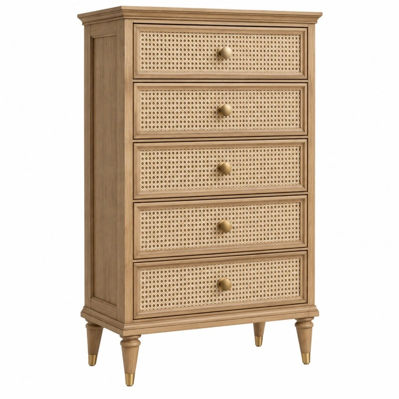 Kommode 80 x 40 x 140 cm Holz Natur mit Rattan 5 Schubladen Landhausstil