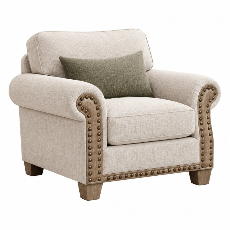 Polstersessel 95 x 90 x 92 cm Beige Stoff mit Holzfüßen im klassischen Nietenstil
