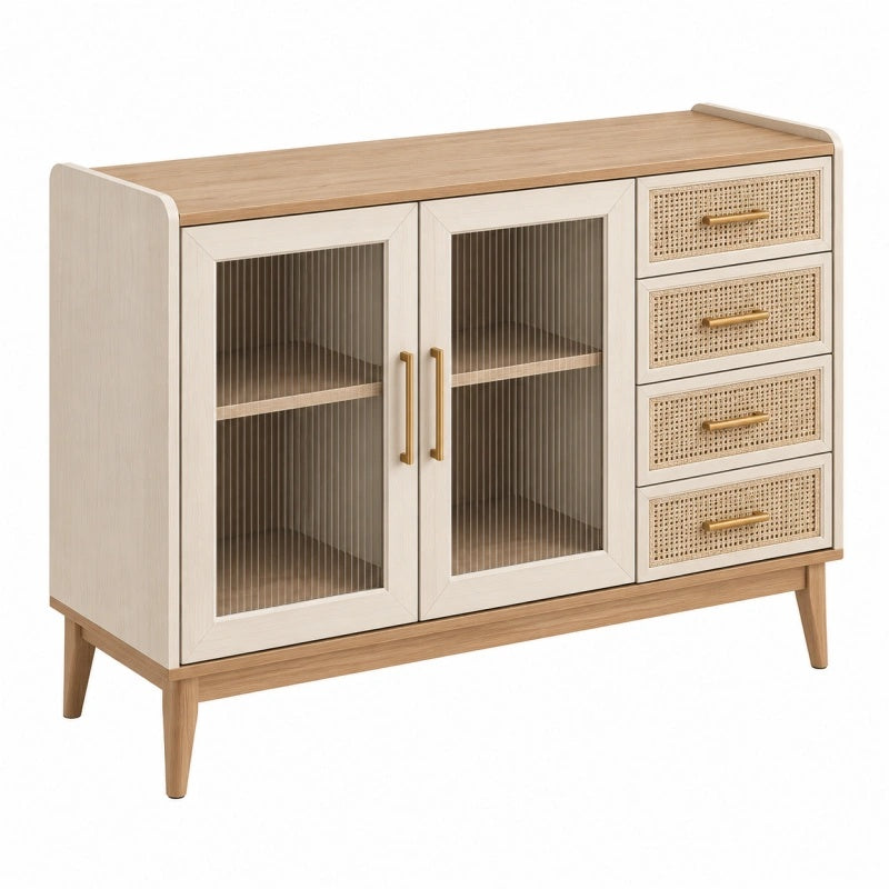 Sideboard 120 x 40 x 85 cm in Naturweiß mit Riffelglas und Rattangeflecht - Quorlia
