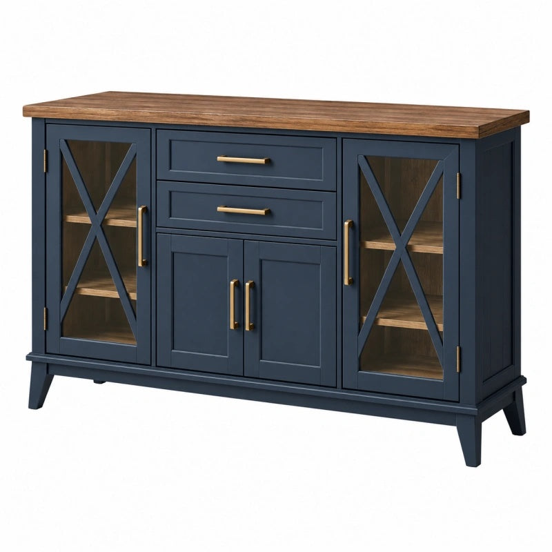 Sideboard 140 x 40 x 90 cm aus Holzwerkstoff in Dunkelblau und Braun mit Glasfronten - Quorlia