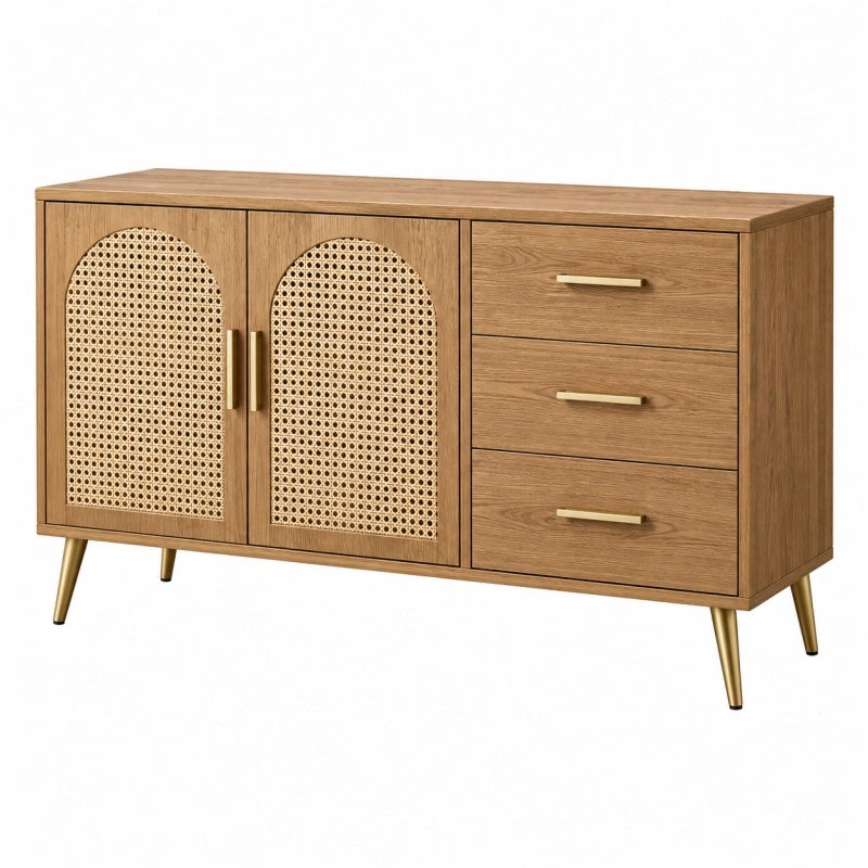 Sideboard 120 x 40 x 75 cm Holzoptik mit Rattangeflecht und Schubladen im Retro-Stil - Quorlia