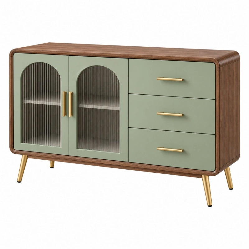 Sideboard 120 cm Holzwerkstoff Grün Walnussfarben mit Glastüren und Schubladen - Quorlia