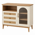 Sideboard 100 x 40 x 90 cm aus Holz in Cremebraun mit Rattan und Glastür im Landhausstil - Quorlia