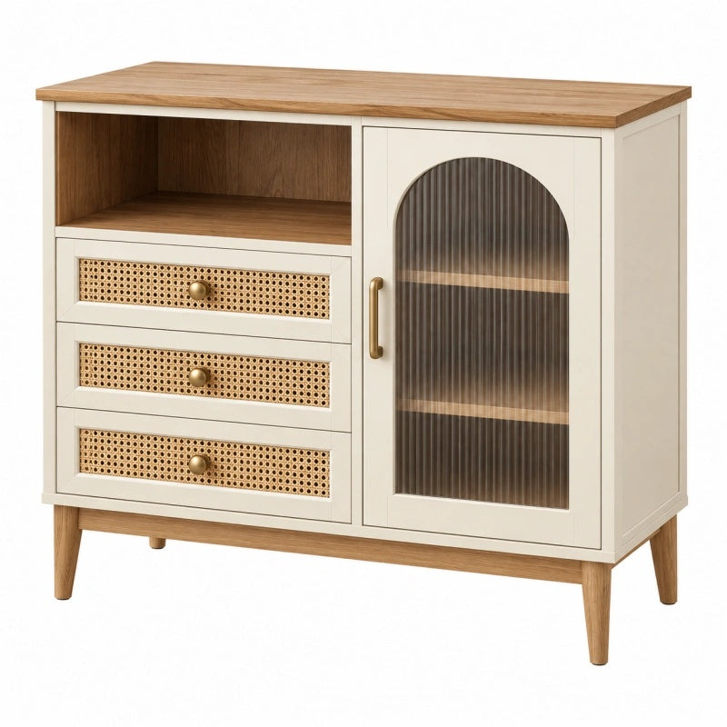 Sideboard 100 x 40 x 90 cm aus Holz in Cremebraun mit Rattan und Glastür im Landhausstil - Quorlia