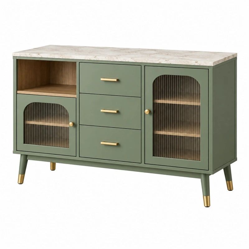 Sideboard 120 cm Grün Holzwerkstoff mit Riffelglas und Marmoroptik im Retro-Stil - Quorlia