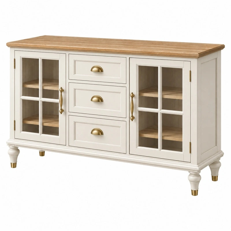 Sideboard 120 x 40 x 80 cm aus Holz in Weiß und Naturholz mit Glastüren und Schubladen im Landhausstil - Quorlia