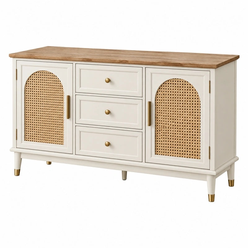 Sideboard 120 cm Creme Braun Holzwerkstoff Rattangeflecht Stauraum Landhausstil - Quorlia