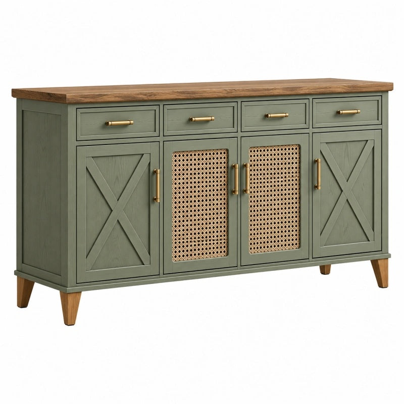 Sideboard 160 x 45 x 90 cm aus Holz Olivgrün mit Rattangeflecht im Landhausstil - Quorlia