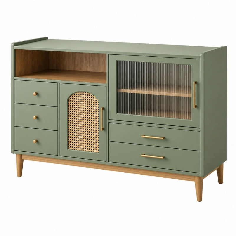 Sideboard 140 x 40 x 90 cm Salbeigrün Holzwerkstoff Rattan mit Stauraum - Quorlia