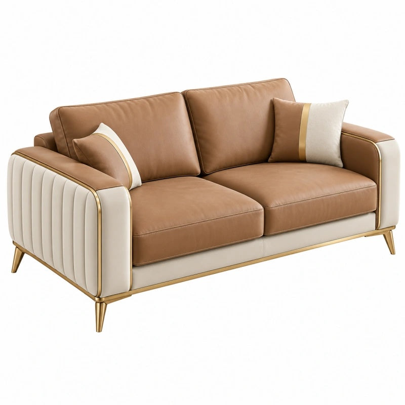 Zweisitzer Sofa 180 cm Kunstleder Cognac Creme mit Metallfüßen im modernen Stil - Quorlia